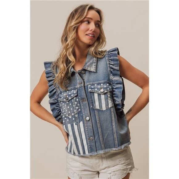 BiBi American Flag Washed Denim Jacket - Picture 10 of 10